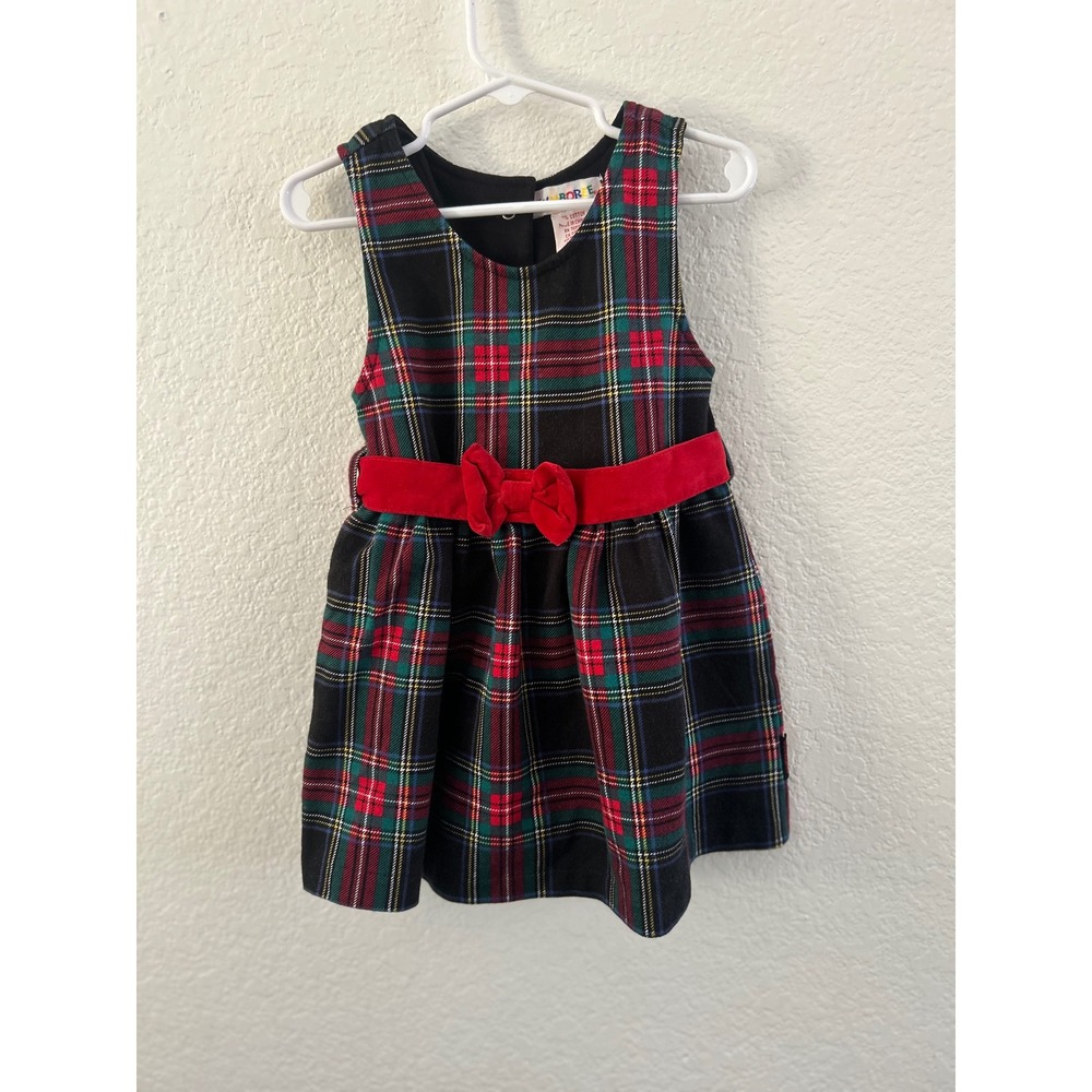 Vintage Rainbow Tag Girls Red Green Plaid Holiday Dress Velvet Bowo Small